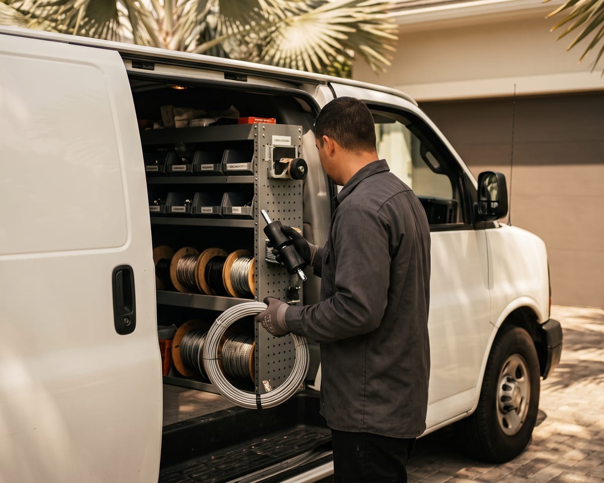 Onyx technician loading cable and rollers from the service van on a North Palm Beach driveway