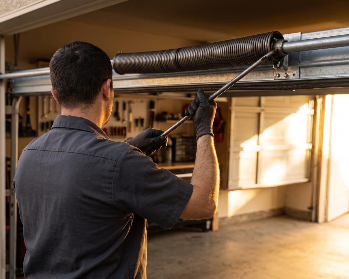 Onyx technician servicing the torsion spring assembly of a residential garage door